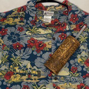 Hawaiian Tiki Shirt LG plus Mug Disney Mickey Donald Pluto Button Front Shirt